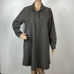 Eileen Fisher Gray Linen Blend Long Sleeve Button Front Shirt Dress Size PL